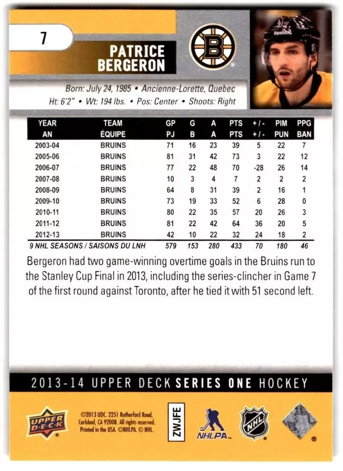 2013-14 Upper Deck #7 Patrice Bergeron 1