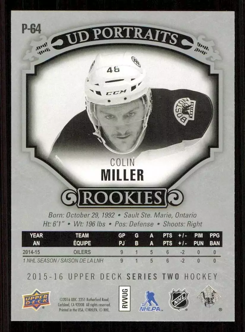2015-16 Upper Deck UD Portraits #P64 Colin Miller 1