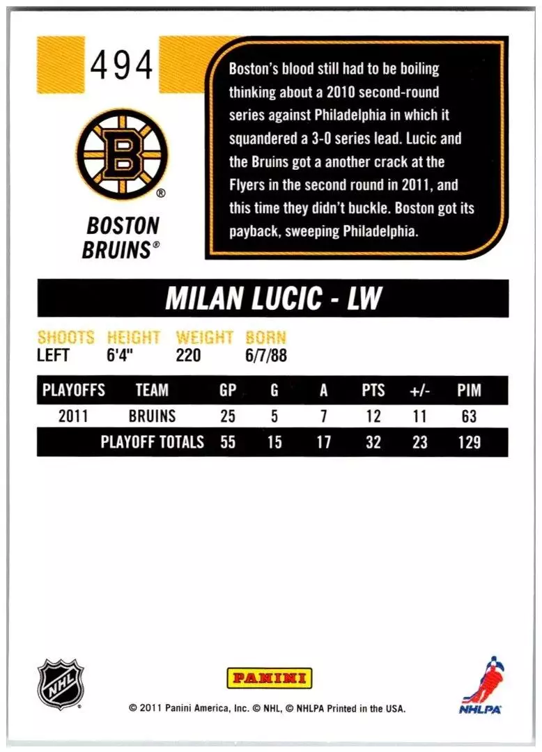 2011-12 Score #494 Milan Lucic HL 1