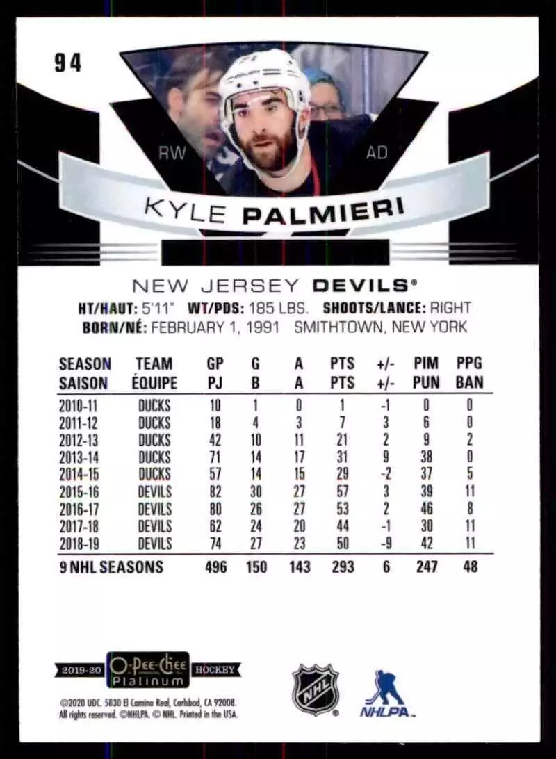 2019-20 O-Pee-Chee Platinum #94 Kyle Palmieri 1