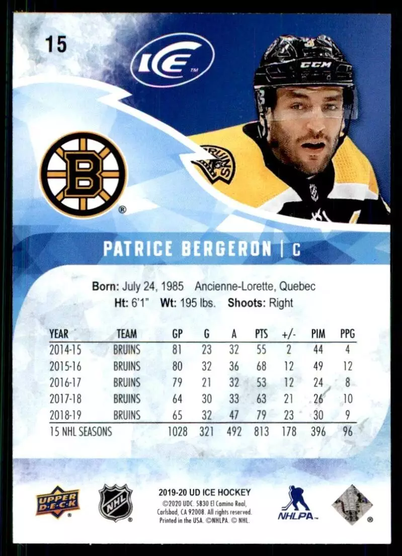 2019-20 Upper Deck Ice #15 Patrice Bergeron 1