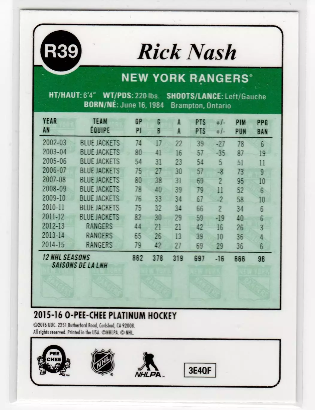 2015-16 O-Pee-Chee Platinum Retro #R39 Rick Nash 1