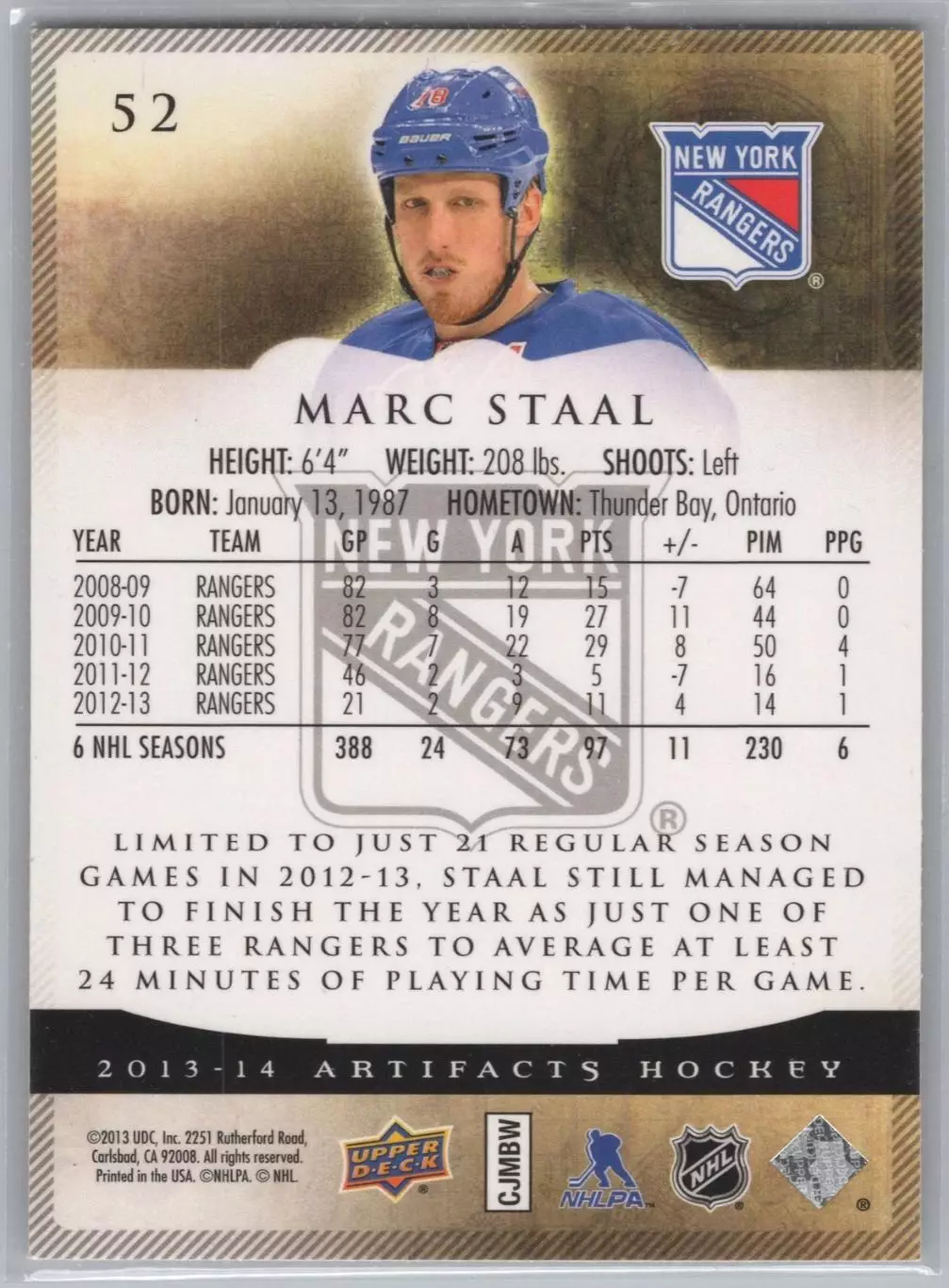 2013-14 Artifacts #52 Marc Staal 1