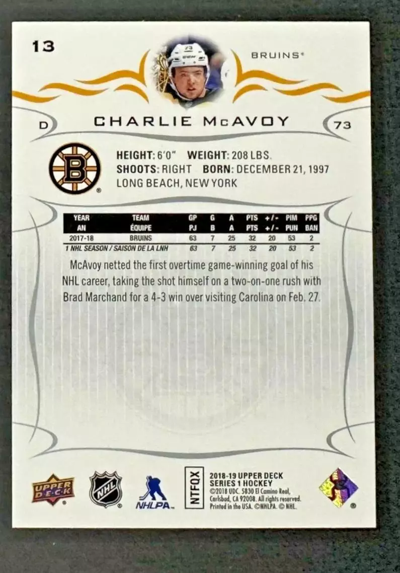 2018-19 Upper Deck #13 Charlie McAvoy 1