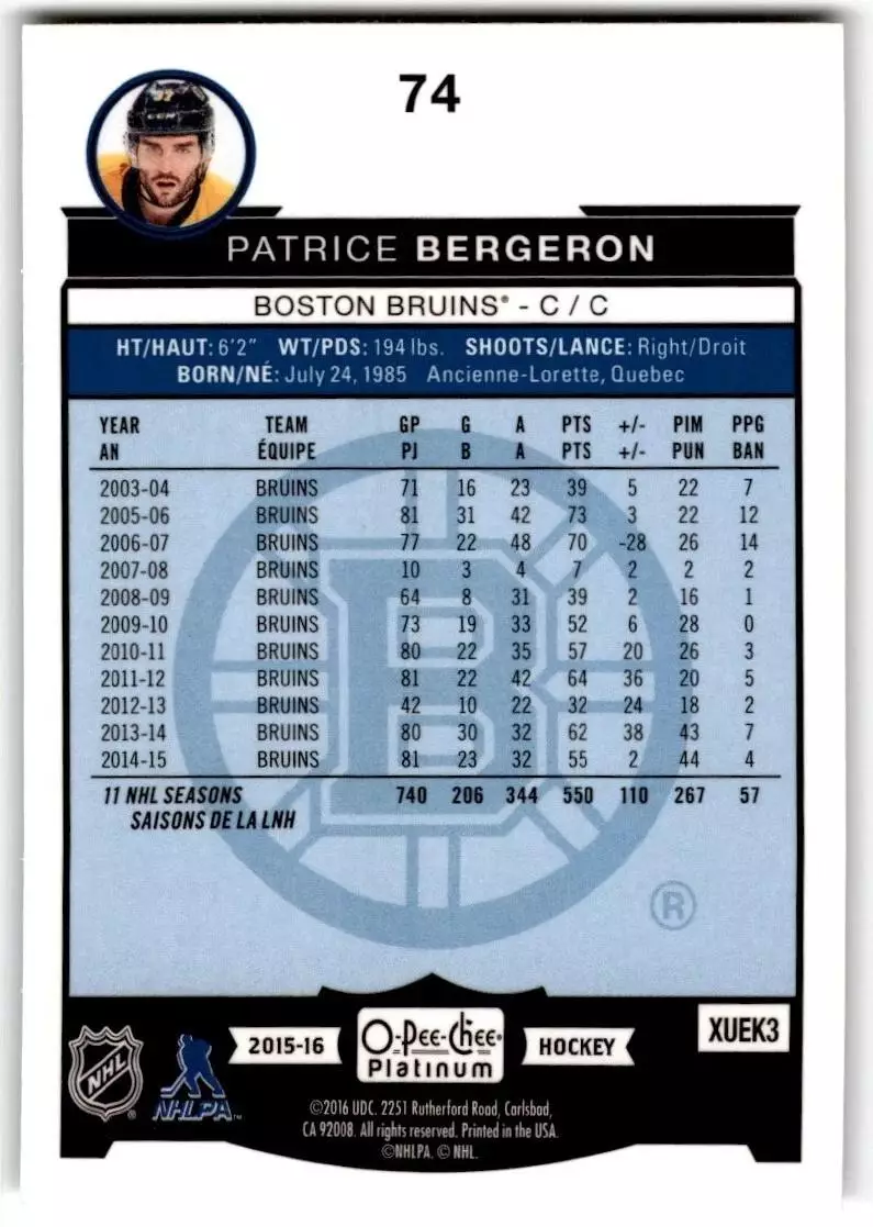 2015-16 O-Pee-Chee Platinum #74 Patrice Bergeron 1