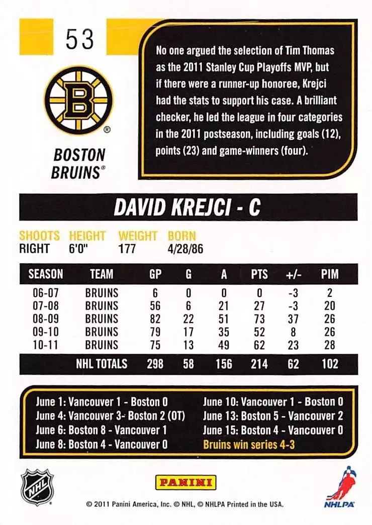 2011-12 Score #53 David Krejci 1