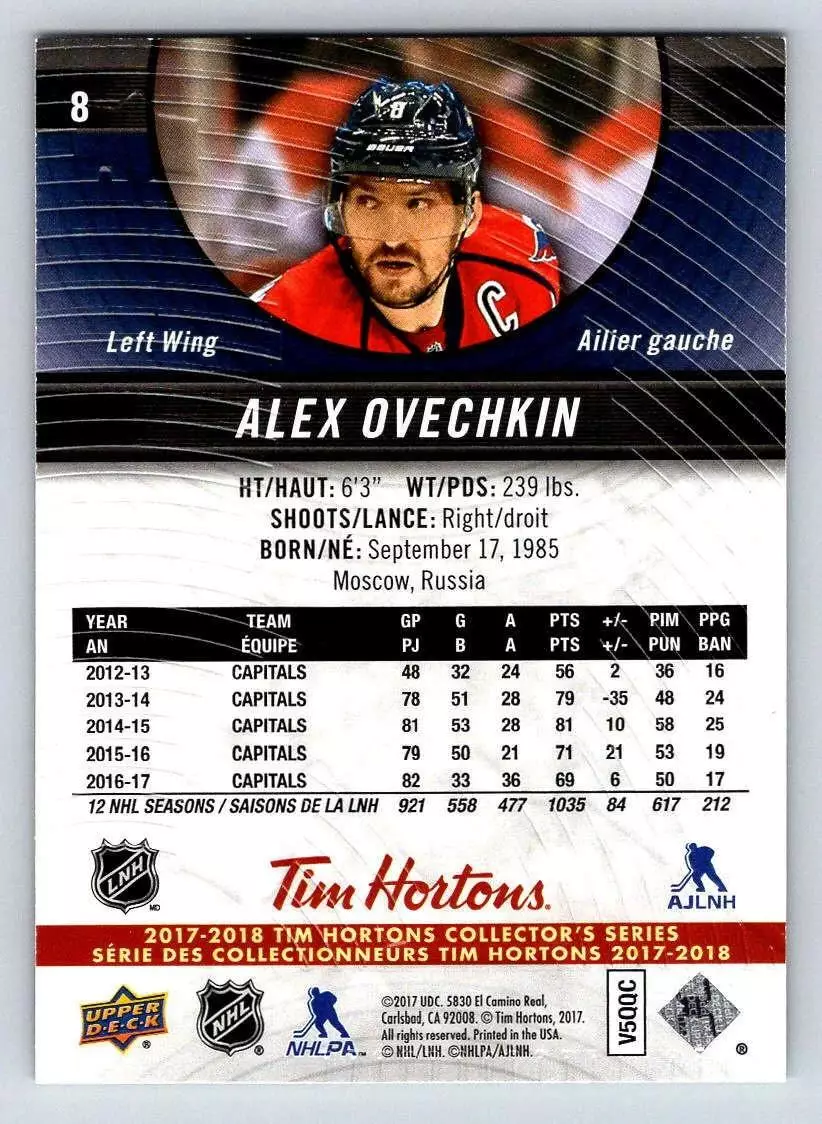 017-18 Upper Deck Tim Hortons #8 Alexander Ovechkin 1