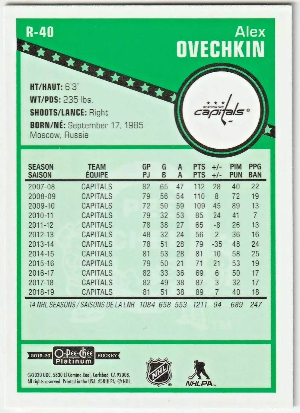 2019-20 O-Pee-Chee Platinum Retro #R40 Alexander Ovechkin 1