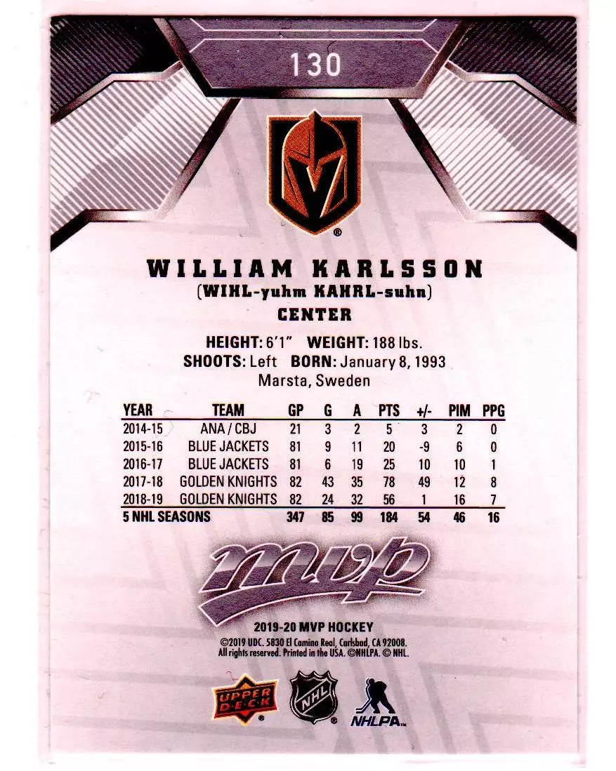 2019-20 Upper Deck MVP Silver Script #130 William Karlsson 1