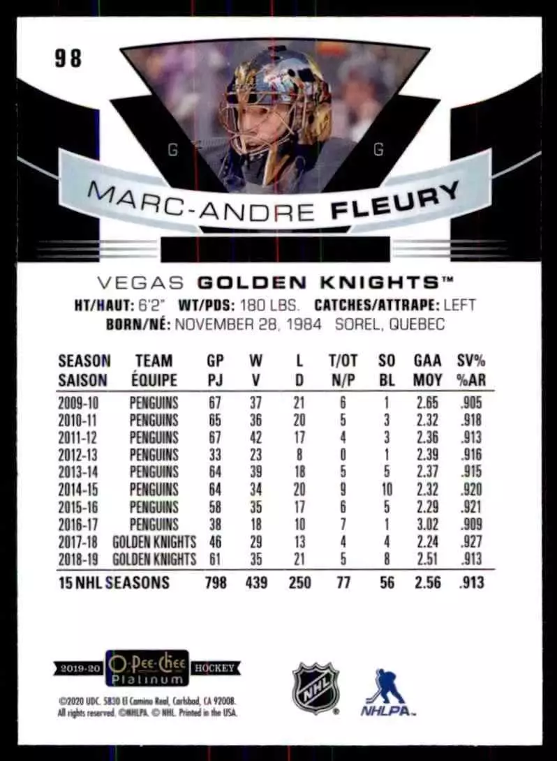 2019-20 O-Pee-Chee Platinum #98 Marc-Andre Fleury 1
