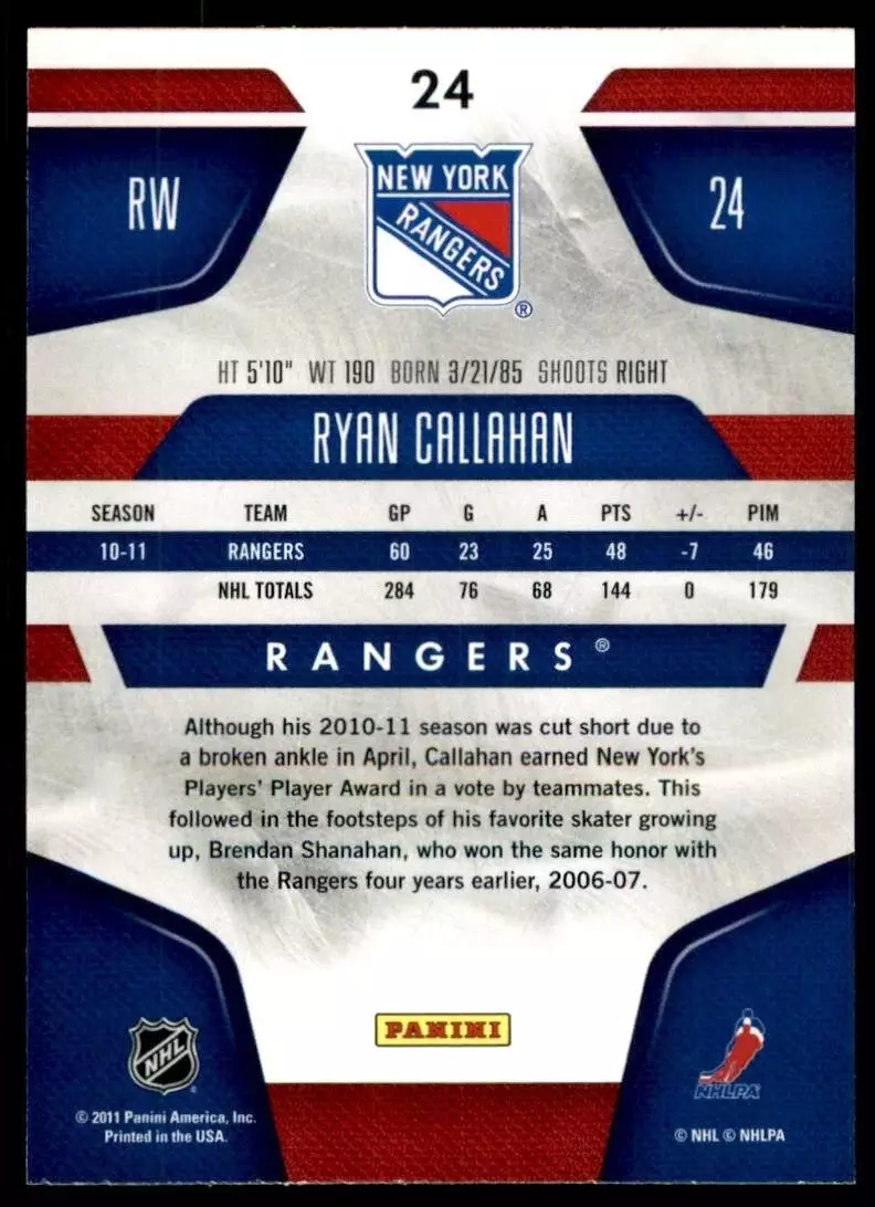 2011-12 Certified #24 Ryan Callahan 1