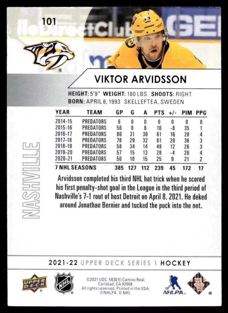 2021-22 Upper Deck #101 Viktor Arvidsson 1