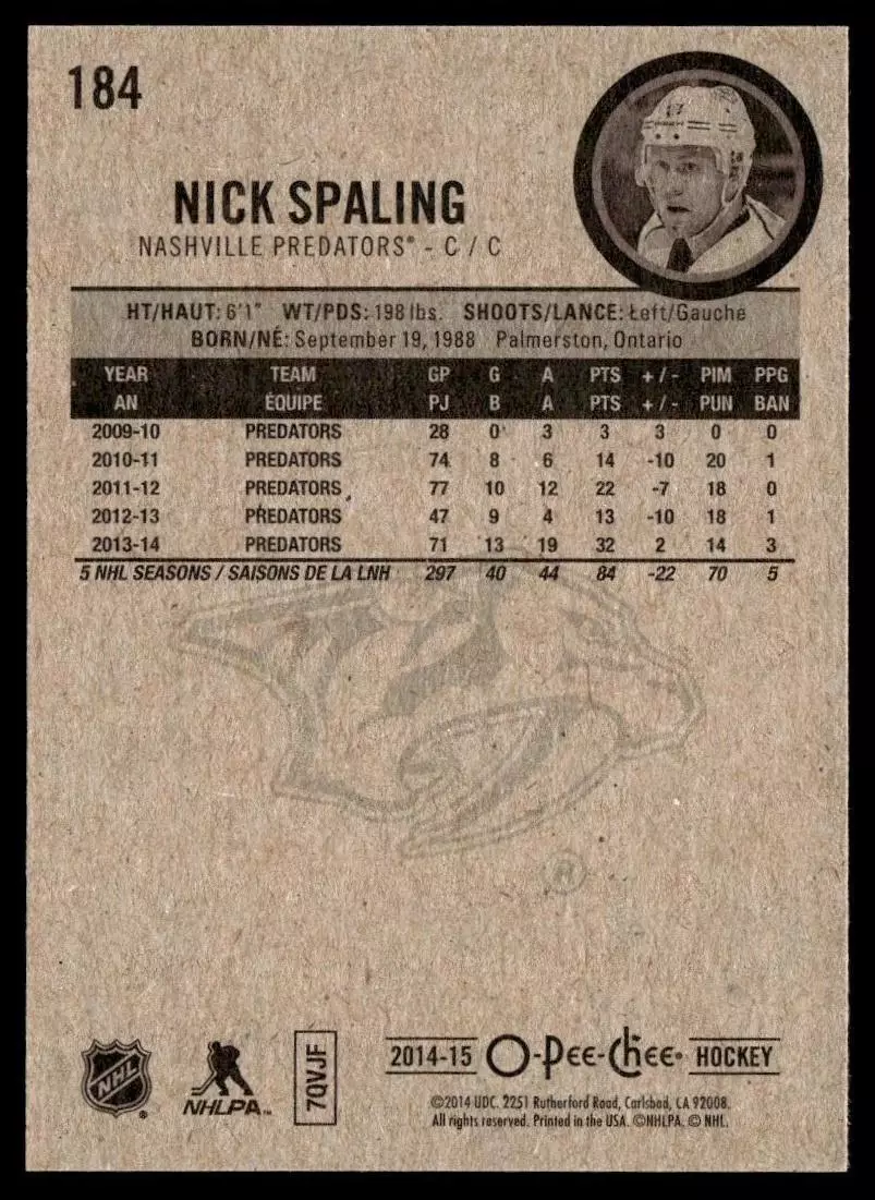 2014-15 O-Pee-Chee #184 Nick Spaling 1