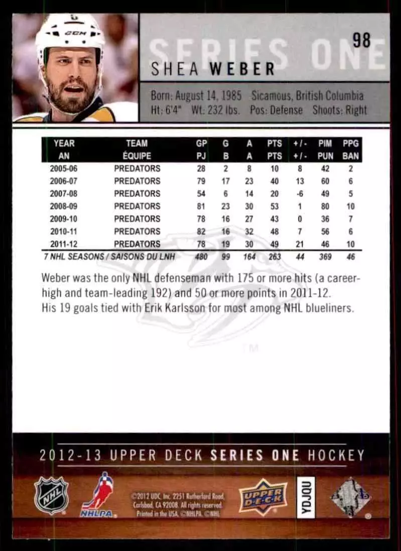 2012-13 Upper Deck #98 Shea Weber 1