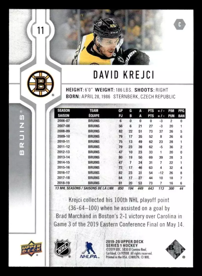 2019-20 Upper Deck #11 David Krejci 1