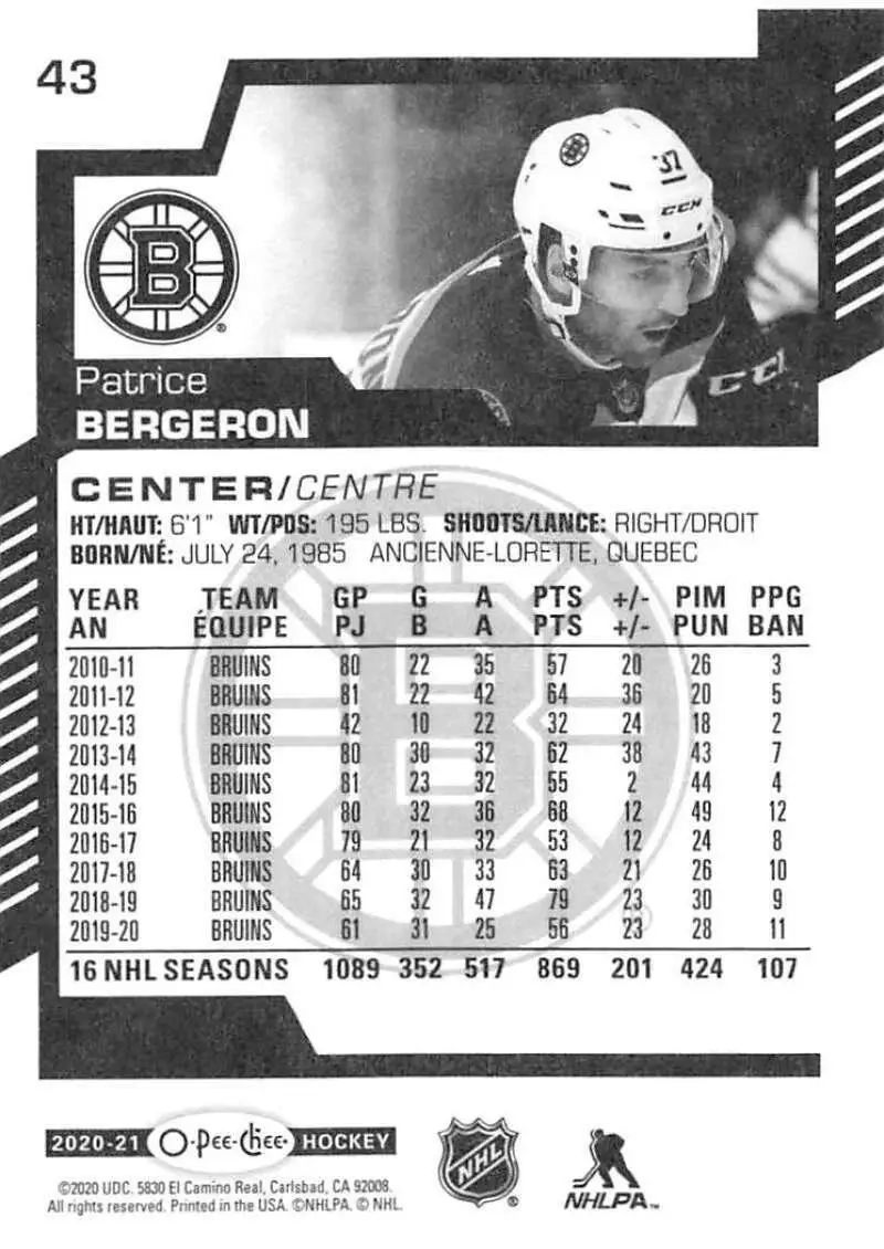 2020-21 O-Pee-Chee #43 Patrice Bergeron 1