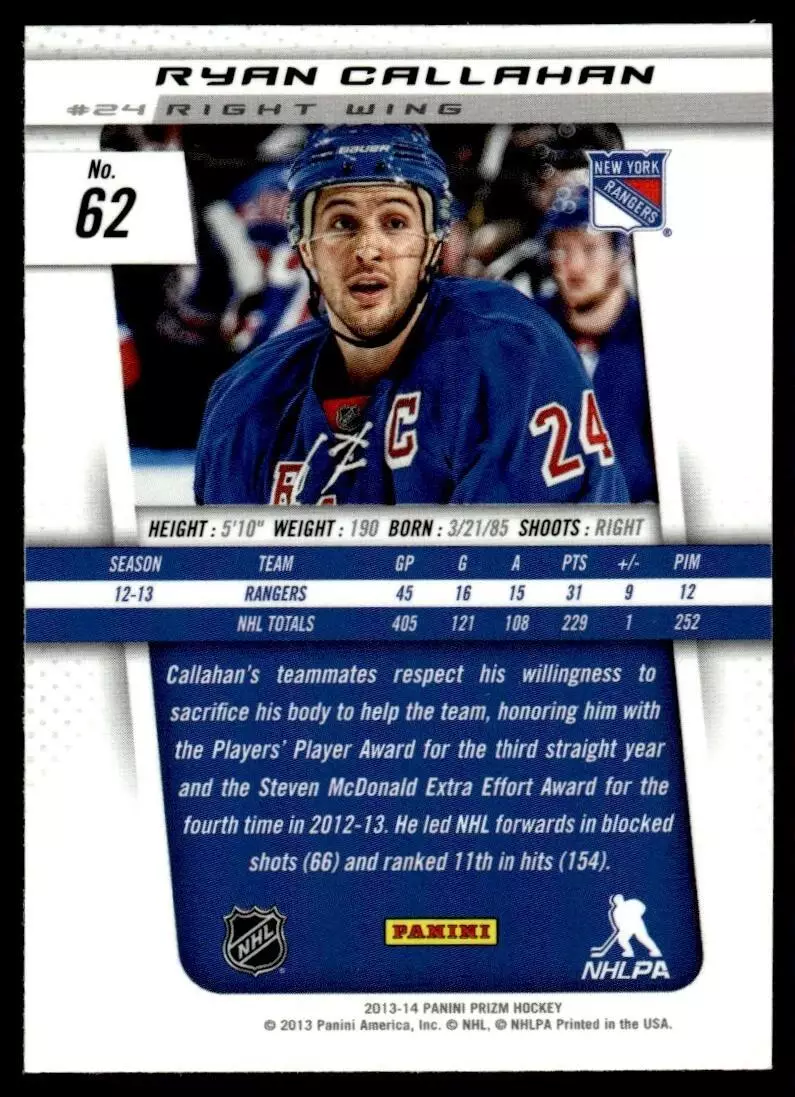 2013-14 Panini Prizm #62 Ryan Callahan 1