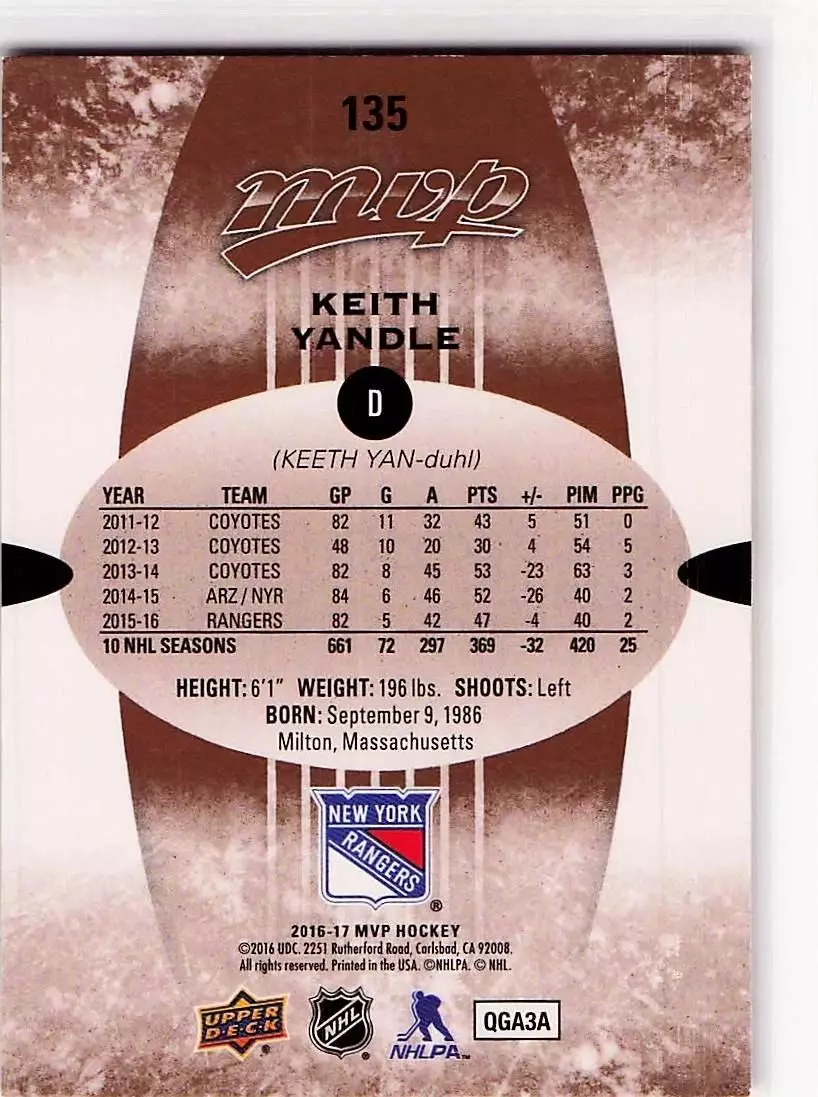 2016-17 Upper Deck MVP #135 Keith Yandle 1