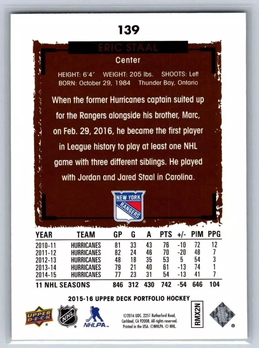 2015-16 Upper Deck Portfolio #139 Eric Staal 1