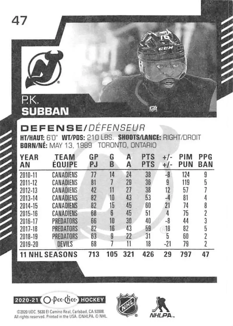 2020-21 O-Pee-Chee #47 P.K. Subban 1