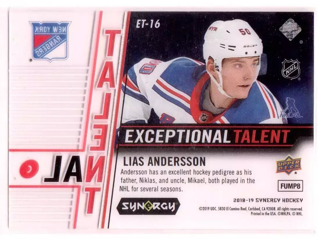 2018-19 Synergy Exceptional Talent #ET16 Lias Andersson 150\749 1