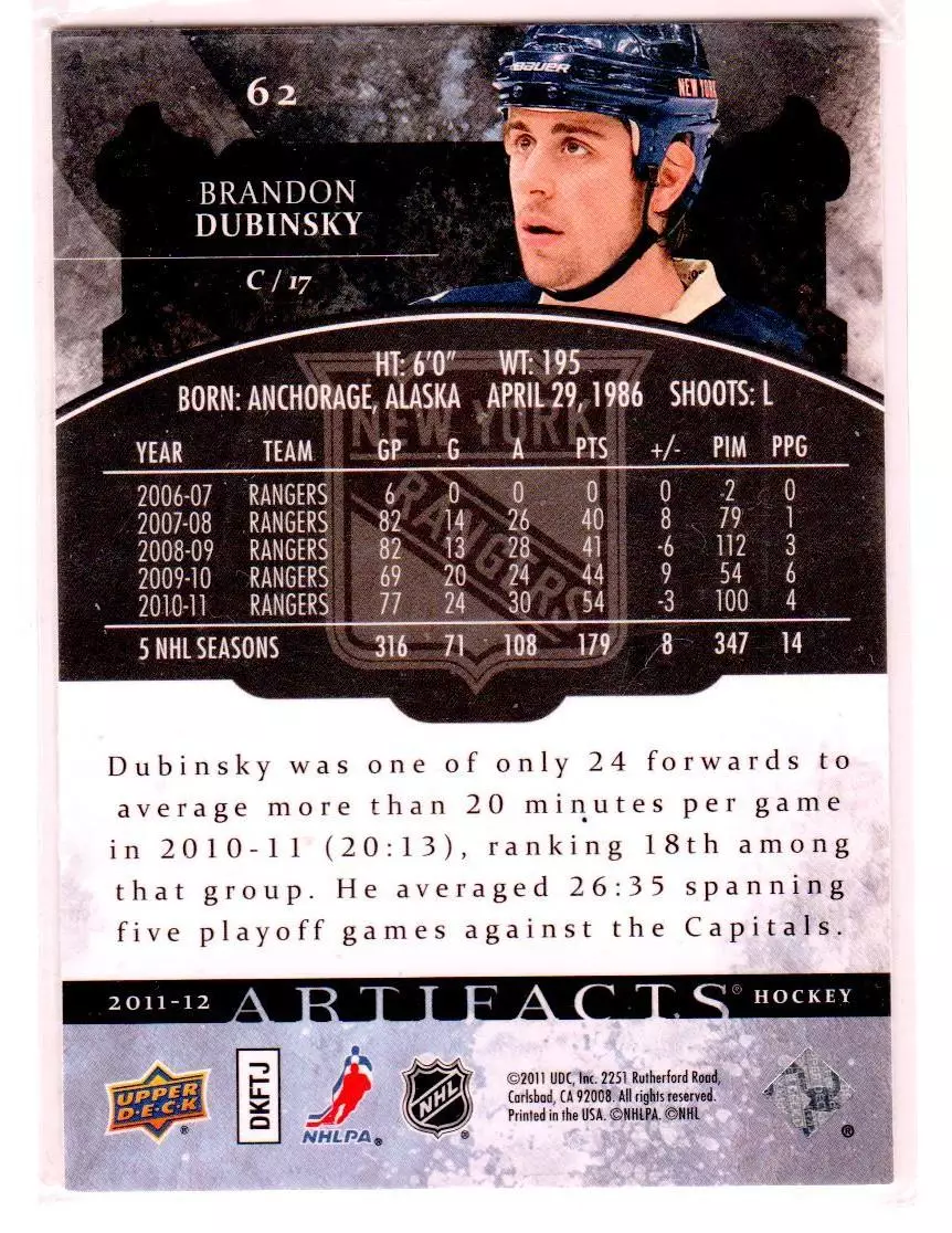 2011-12 Artifacts #62 Brandon Dubinsky 1