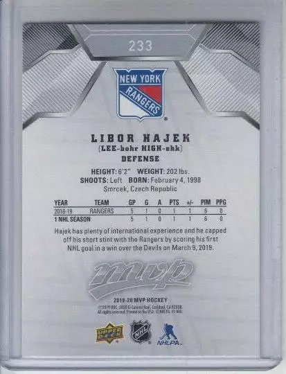 2019-20 Upper Deck MVP Silver Script #233 Libor Hajek SP RC 1