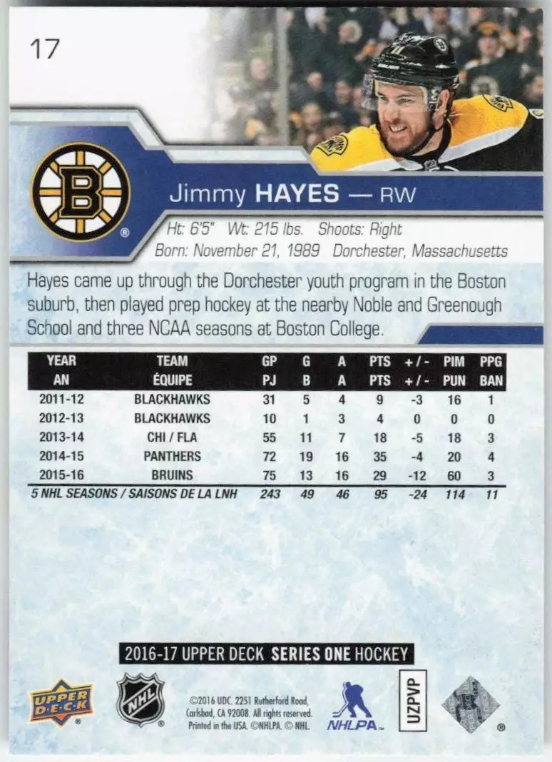 2016-17 Upper Deck #17 Jimmy Hayes 1