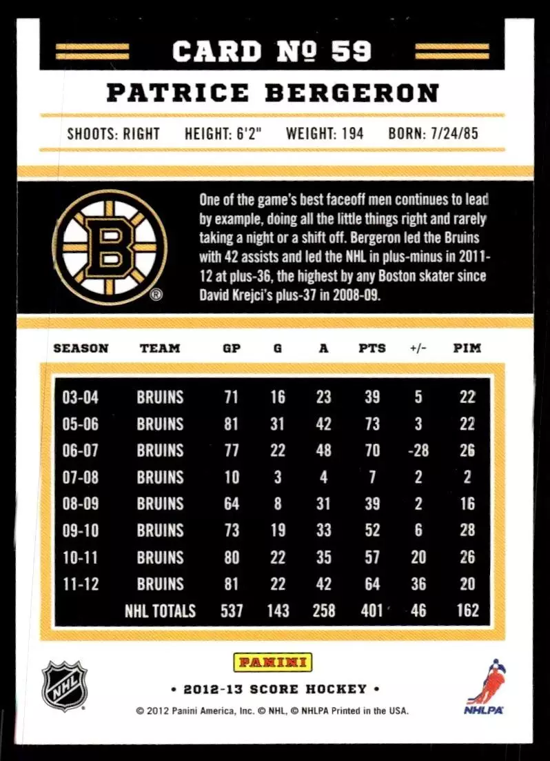 2012-13 Score #59 Patrice Bergeron 1