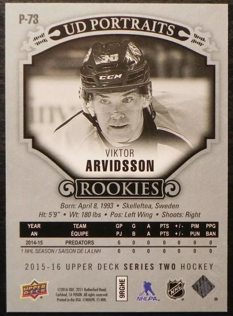 2015-16 Upper Deck UD Portraits #P73 Viktor Arvidsson 1