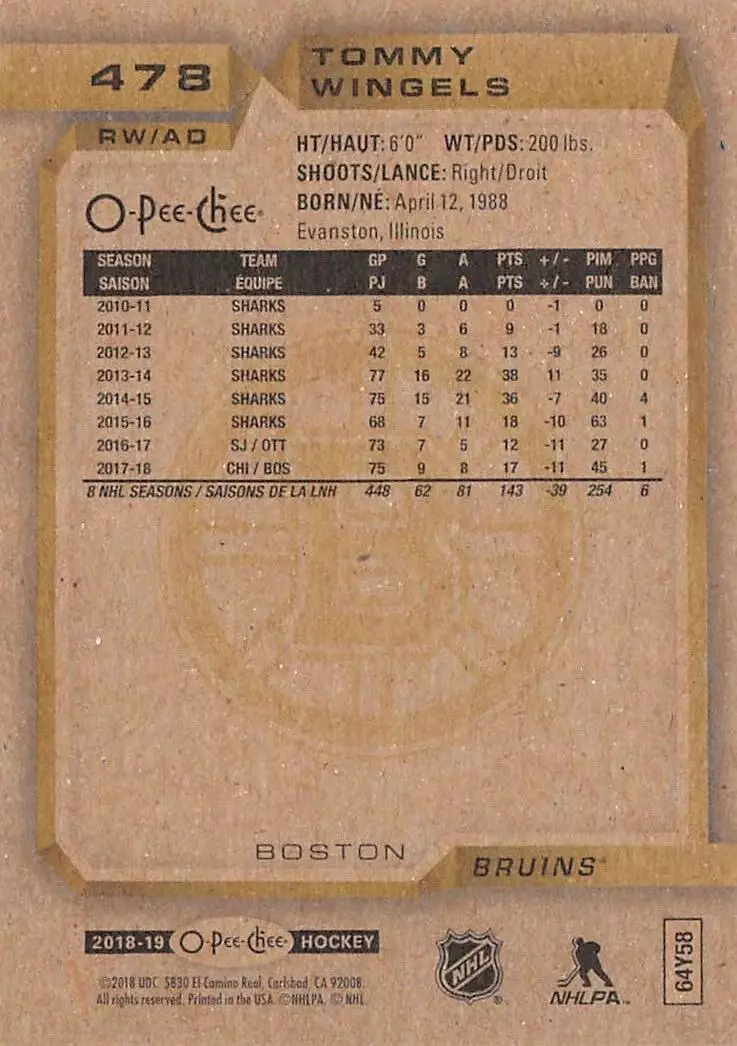 2018-19 O-Pee-Chee Silver #478 Tommy Wingels 1