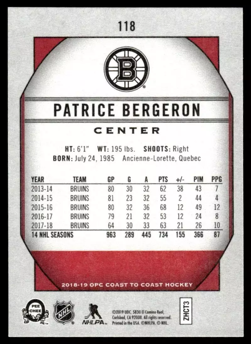 2018-19 O-Pee-Chee Coast to Coast #118 Patrice Bergeron 1