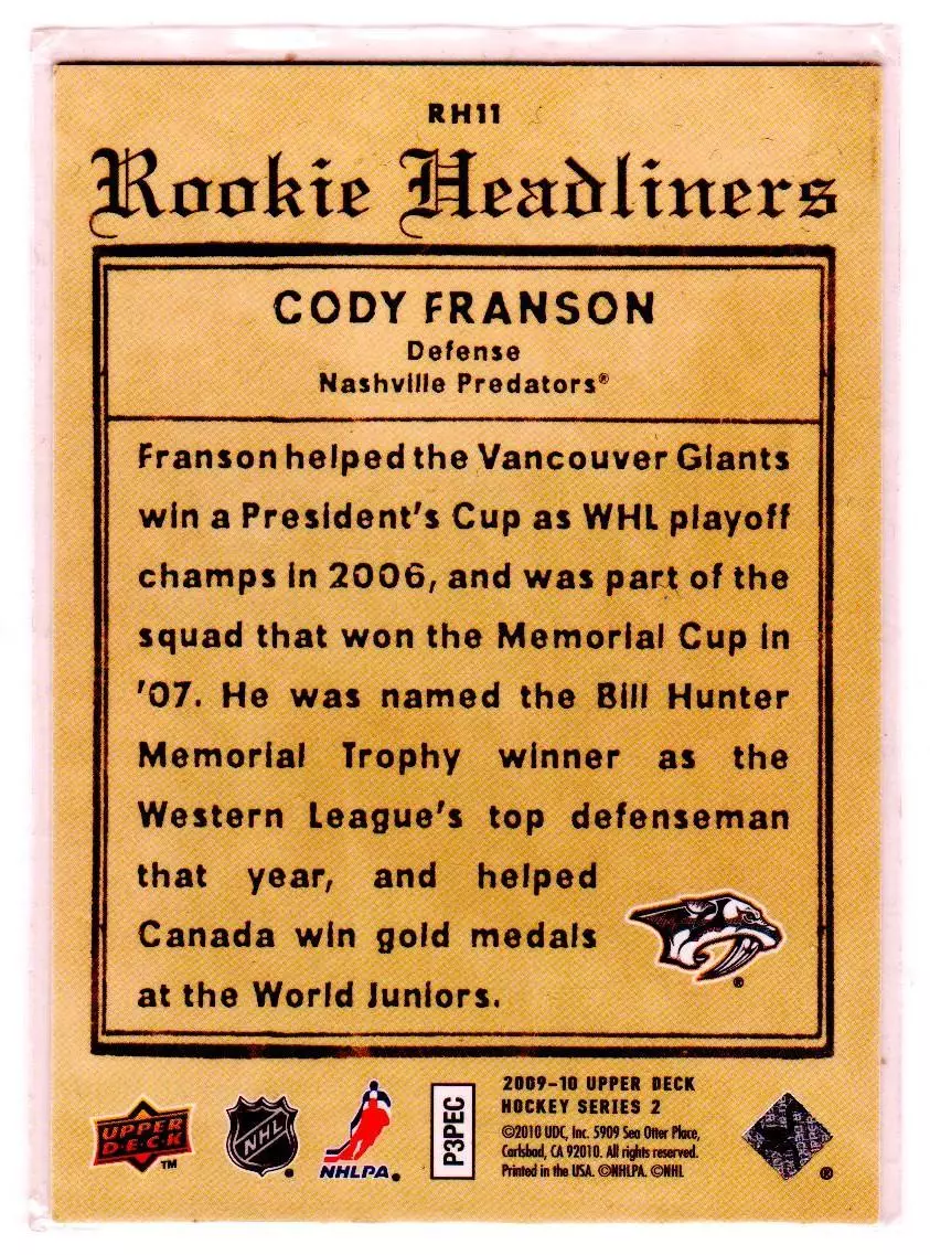 2009-10 Upper Deck Rookie Headliners #RH11 Cody Franson\Avangard Omsk 1