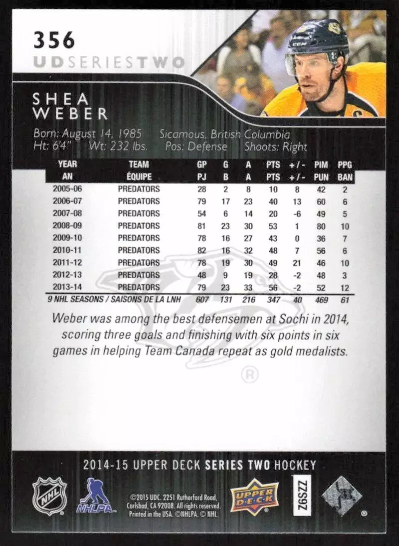 2014-15 Upper Deck #356 Shea Weber 1