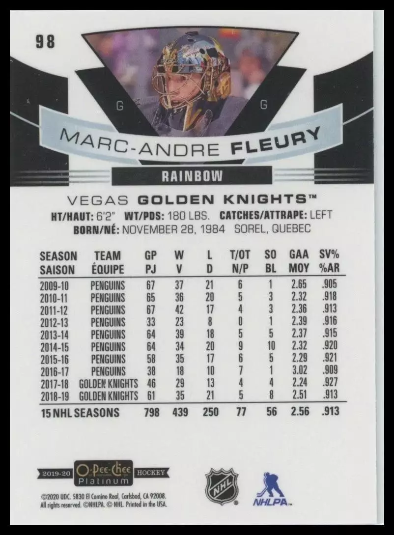 2019-20 O-Pee-Chee Platinum Rainbow #98 Marc-Andre Fleury 1