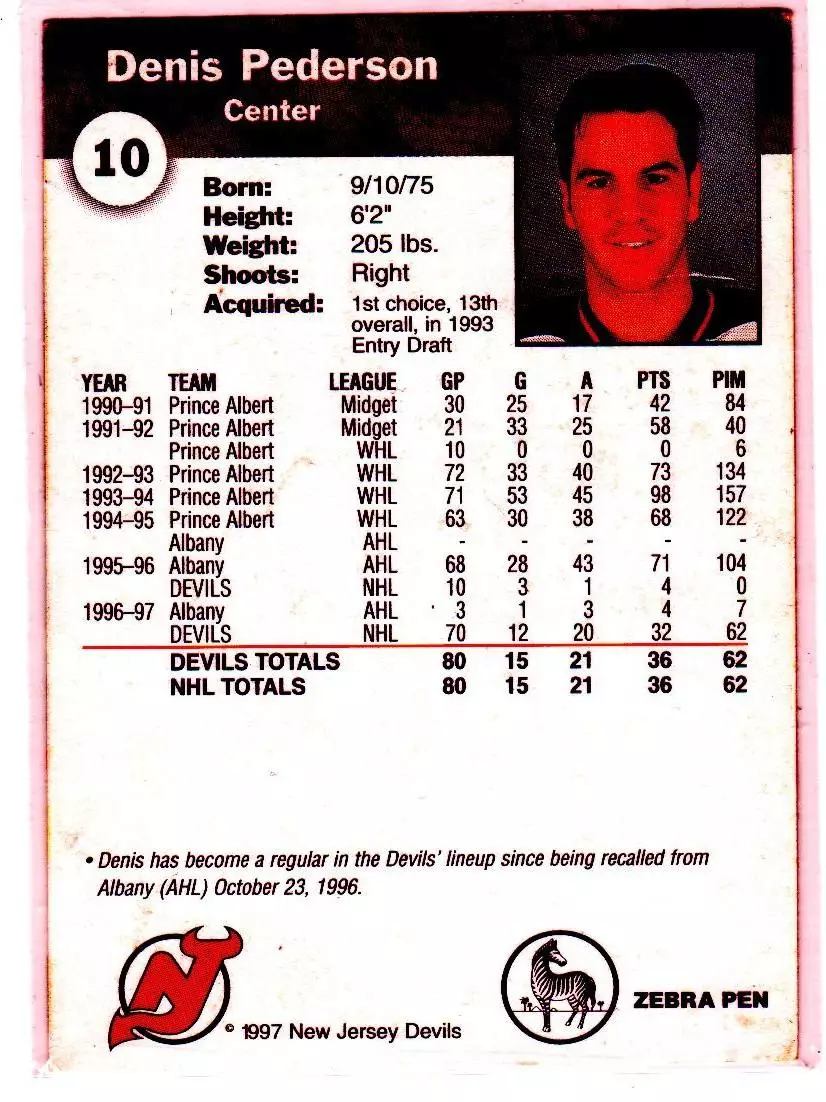 1996-97 Devils Team Issue #10 Denis Pederson 1