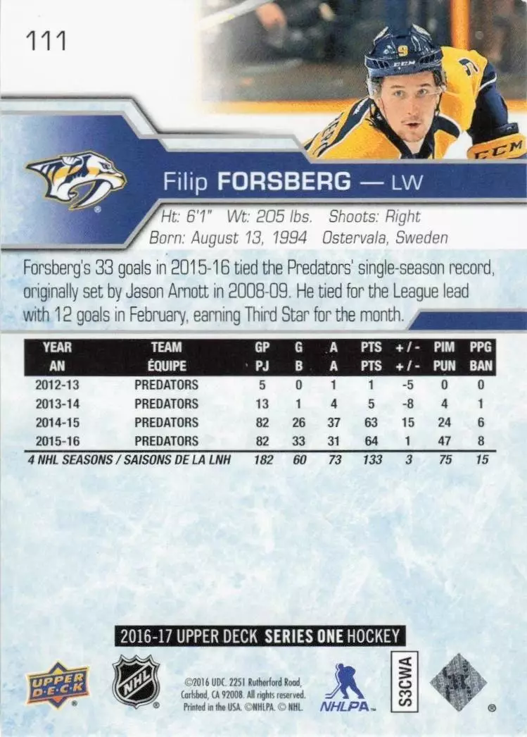 2016-17 Upper Deck #111 Filip Forsberg 1