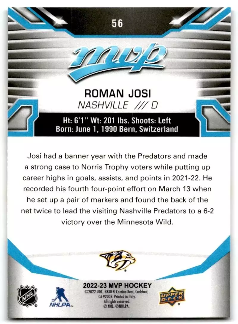 2022-23 Upper Deck MVP #56 Roman Josi 1