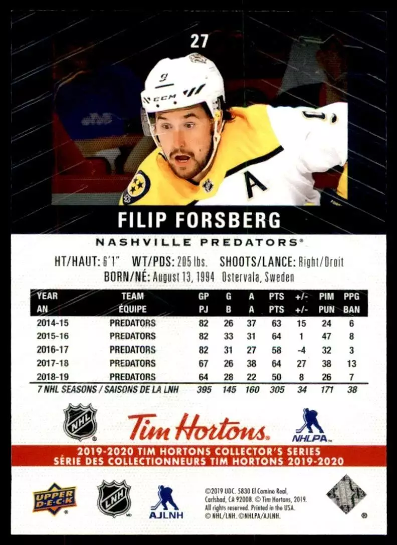 2019-20 Upper Deck Tim Hortons #27 Filip Forsberg 1