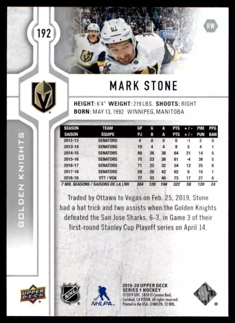 2019-20 Upper Deck #192 Mark Stone 1