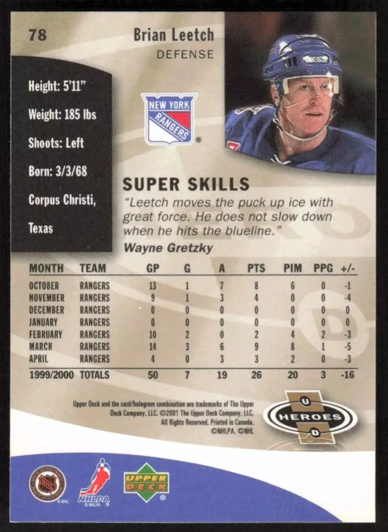 2000-01 Upper Deck Heroes #78 Brian Leetch 1