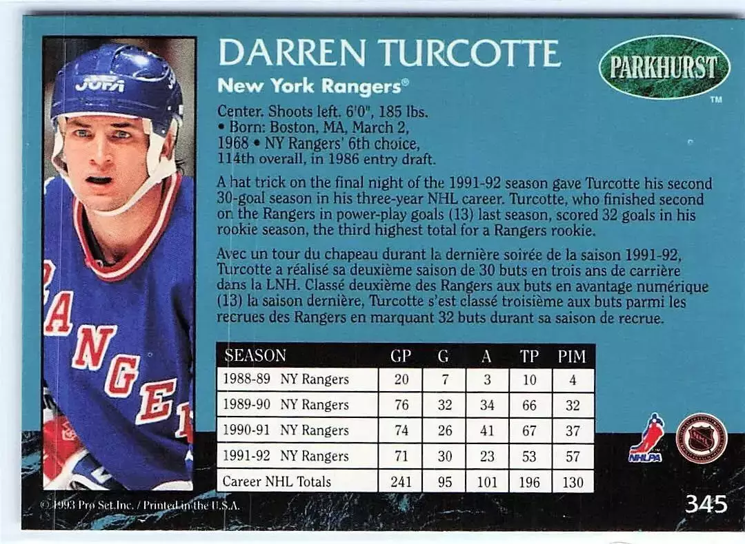 1992-93 Parkhurst #345 Darren Turcotte 1