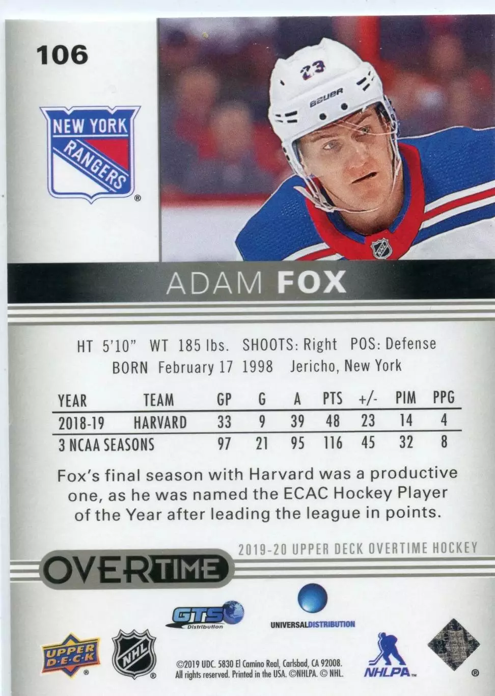 2019-20 Upper Deck Overtime #106 Adam Fox RC 1