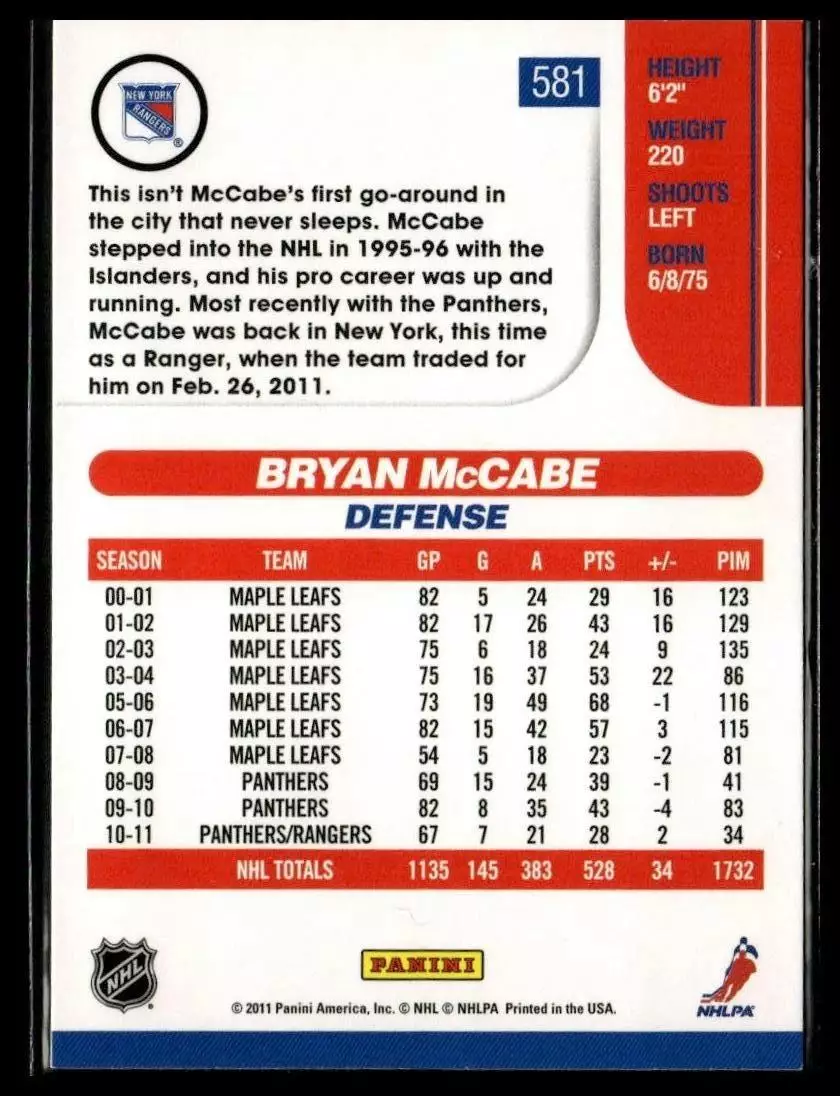 2010-11 Score #581 Bryan McCabe 1