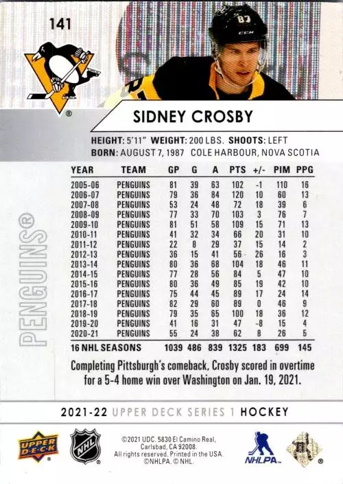 2021-22 Upper Deck #141 Sidney Crosby 1