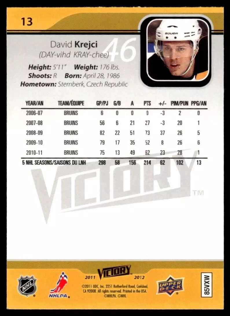 2011-12 Upper Deck Victory #13 David Krejci 1