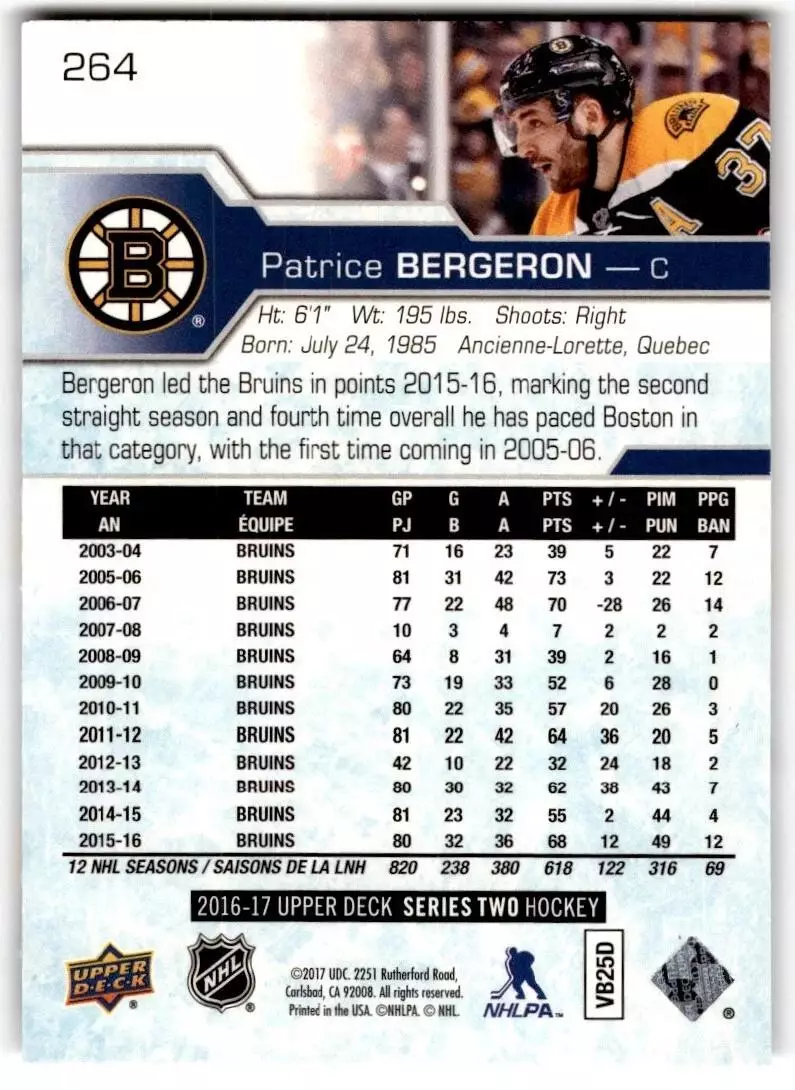 2016-17 Upper Deck #264 Patrice Bergeron 1