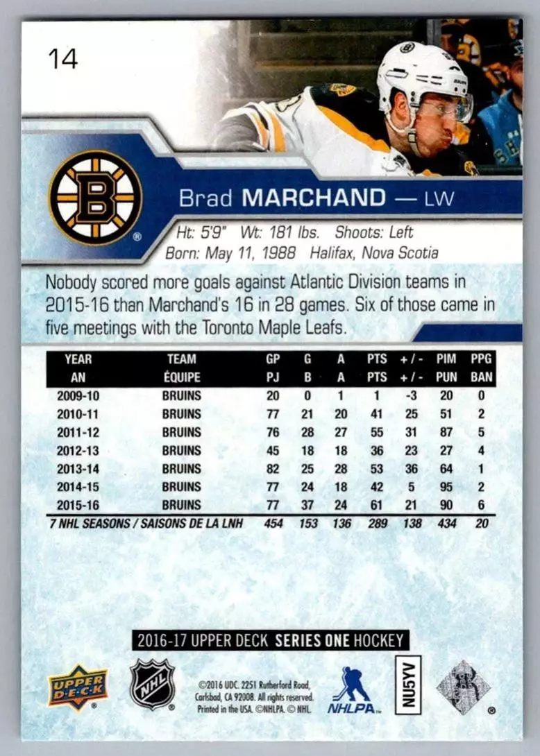 2016-17 Upper Deck #14 Brad Marchand 1