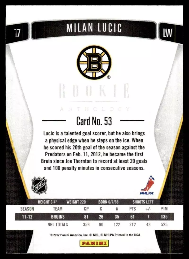 2011-12 Panini Rookie Anthology #53 Milan Lucic 1