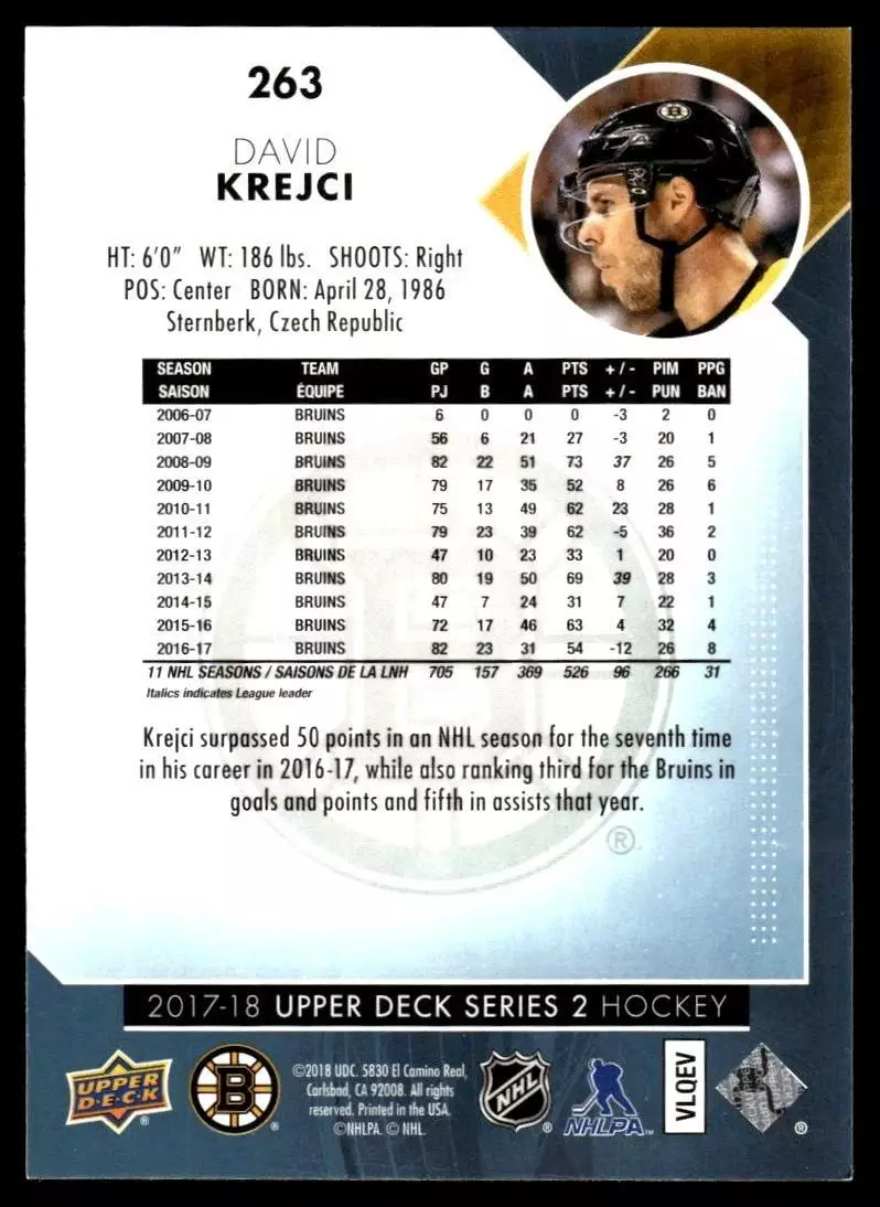 2017-18 Upper Deck #263 David Krejci 1